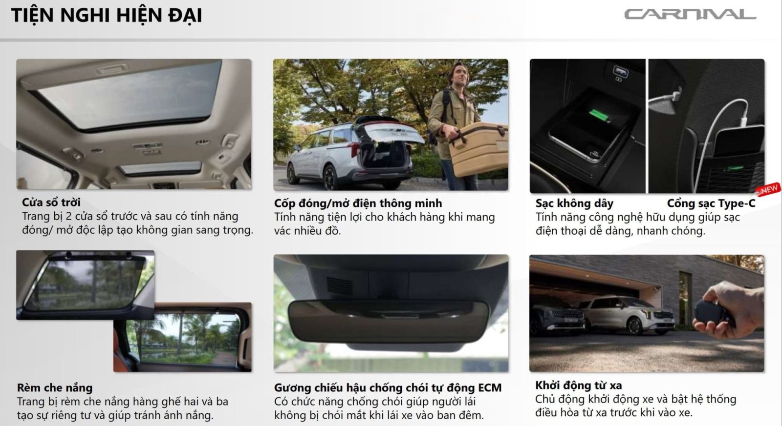 Các tiện nghi của Kia Carnival 2025 như cửa sổ trời, đề nổ từ xa, sạc không dây